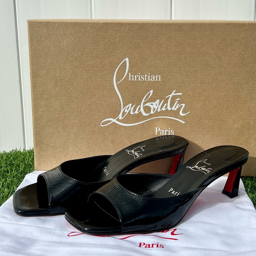 CHRISTIAN LOUBOUTIN CONDORA MULE 55 BLACK PAT. LEATHER SANDAL MID HEEL 37.5 NEW - Picture 11 of 16
